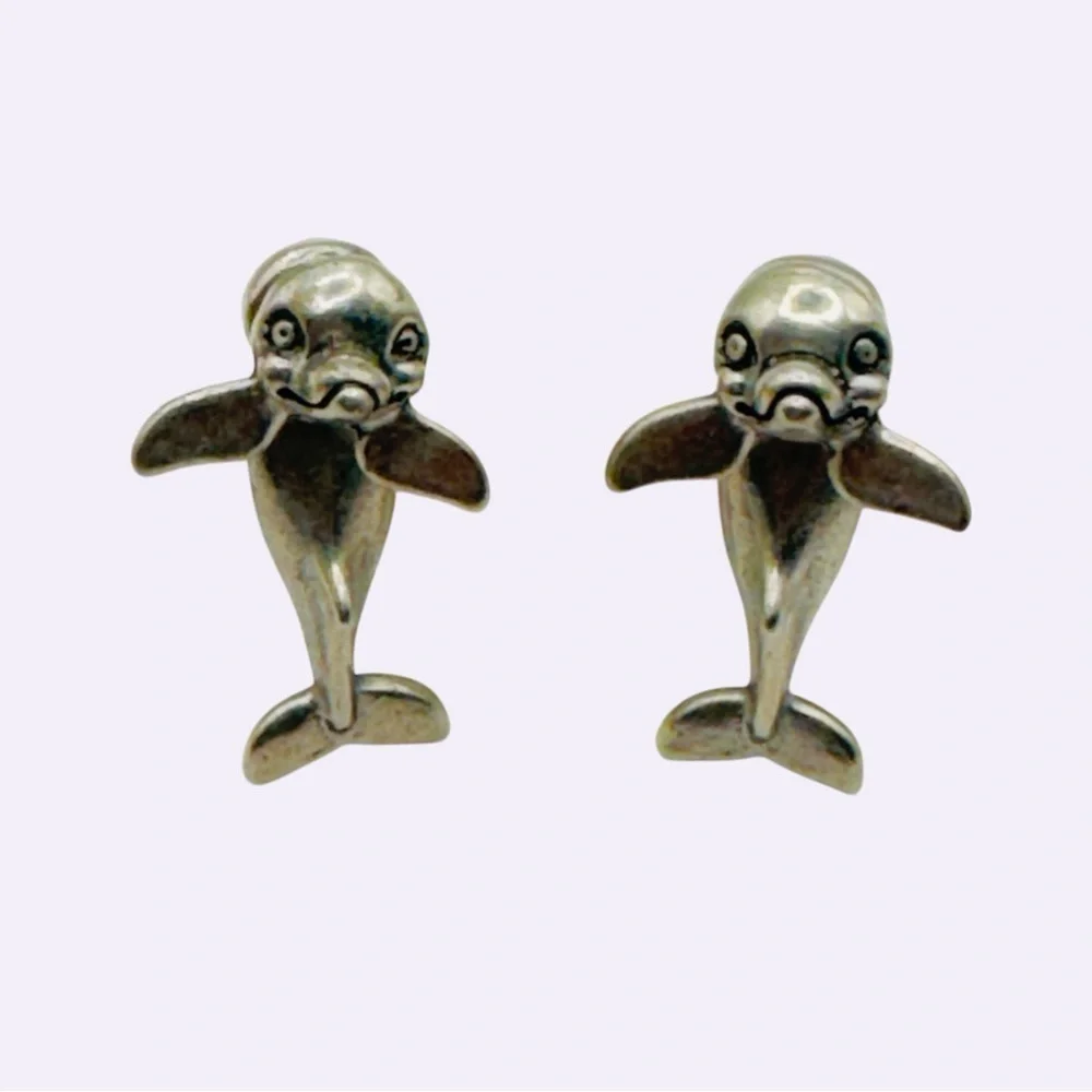 Vintage EARlusion Earrings 3D Pewter Dolphin Studs Silver Tone